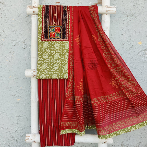 PIYA-Pure Cotton  Mehendi Green With Cream And Intricate Emboriderey Design Yoke Top And Stripes Maroon Bottom And Cotton Dupatta