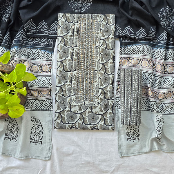 PRANALI-Chanderi Cotton Flower Jaal Grey With Black Screen Print With Aari Work Yoke Top And Black With Grey Design Bottom And Chanderi Dupatta