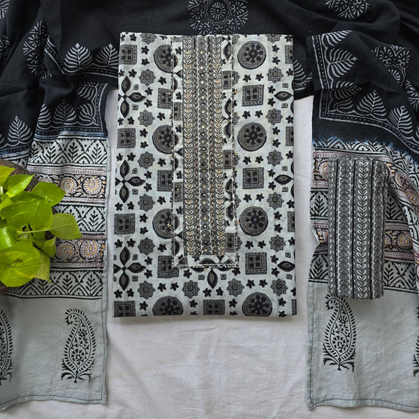 PRANALI-Chanderi Cotton Grey With Black Screen Print With Aari Work Yoke Top And Black With Grey Design Bottom And Chenderi Dupatta