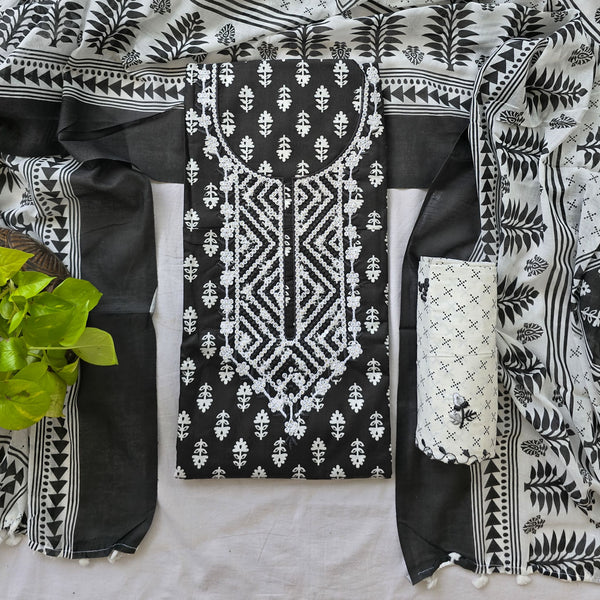 PRANALI-Pure Cotton With White Heavy Emboiderey Yoke Top And White With Black Emboiderey Bottom And Cotton Dupatta