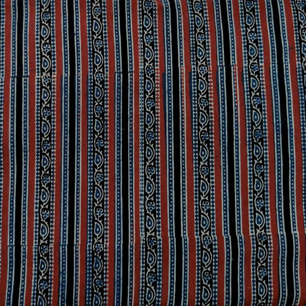 ( PRE-CUT 80 CM ) Pure Cotton Double Ajrak With Cream Blue Red Black Leaf Creeper Border Hand Block Print Fabric