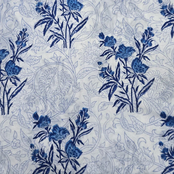 ( PRE-CUT 0.80 CM ) Pure Cotton Jaipuri White And Blue Big Flower Plant Hand Block Print Fabric