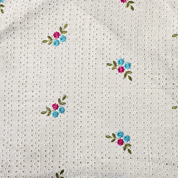 ( PRE-CUT 0.80 CM ) ( Width 44  Inches ) Pure Cotton Hakoba White With Blue And Pink Flower Embroidery Hand Woven Fabric