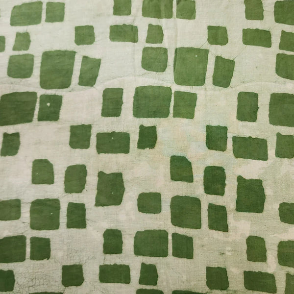 ( PRE-CUT 0.80 METER ) Pure Cotton Dabu Cream With Dark Green Square All Over Hand Block Print Fabric