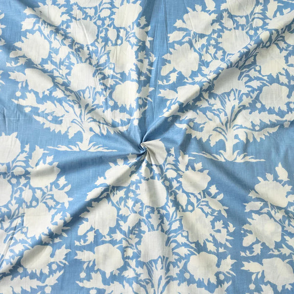 ( PRE-CUT 0.85 CM ) Pure Cotton Blue With Big Flower Plant Motif Screen Print Fabric