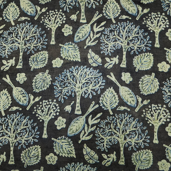 ( PRE-CUT 0.85 CM ) Pure Cotton Vanaspati Dull Dark With Trees Hand Block Print Fabric