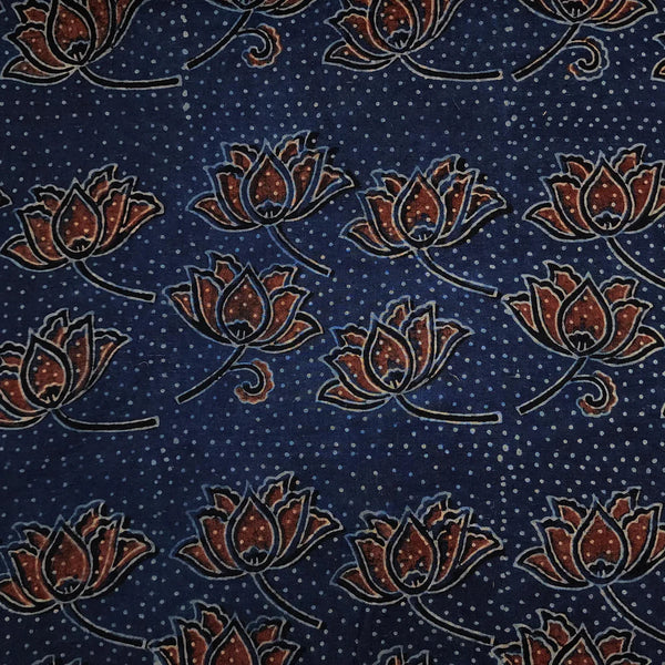 ( PRE-CUT 0.85 METER ) Pure Cotton Ajrak Persian Blue With Rust Kamal Hand Block Print Fabric