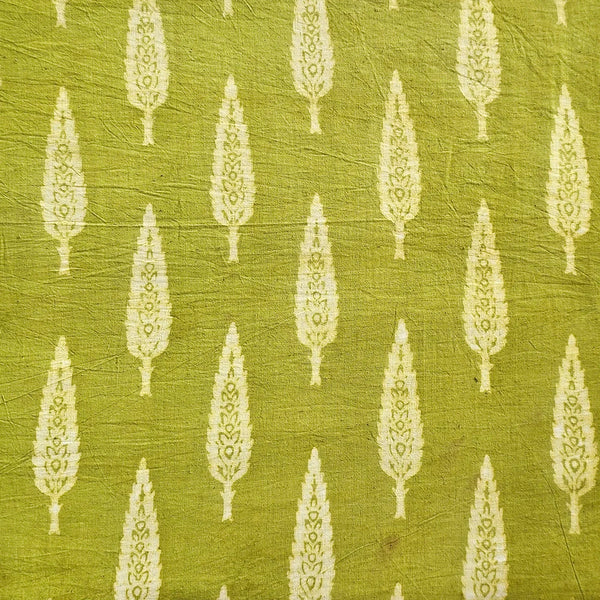 ( PRE-CUT 0.90 CM ) Pure Cotton Dabu Green With Cream Leaves Motif Hand Block Print Fabric