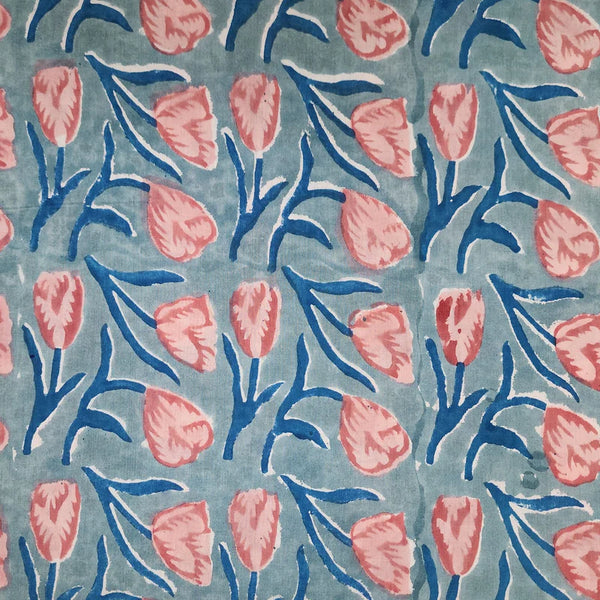 PRE-CUT 0.90 CM  ) Pure Cotton Jaipuri Blue With Pink Rose Flower Creeper Hand Block Print Fabric