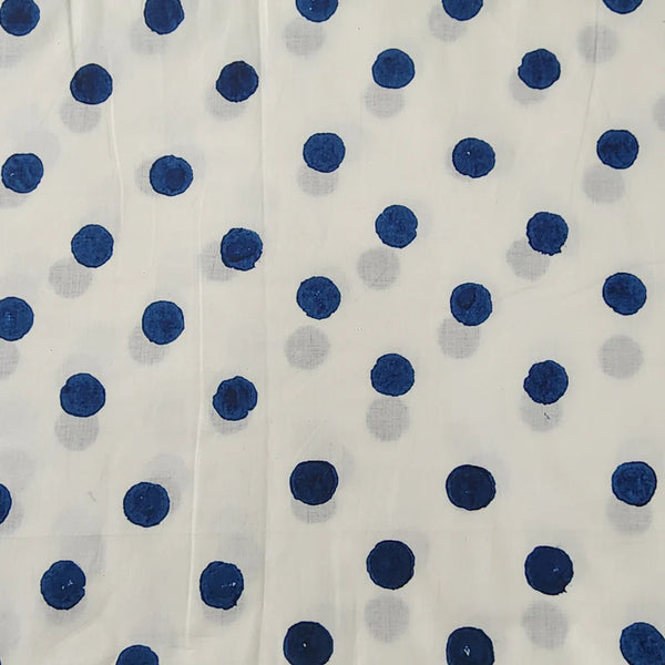 ( PRE-CUT 0.90 CM ) Pure Cotton White And Blue Polka Dots Hand Block Print Fabric