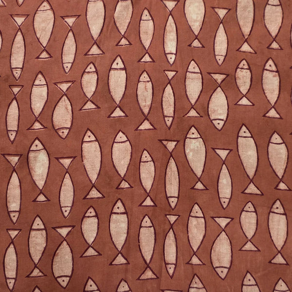 ( PRE-CUT 0.90 METER ) Pure Cotton Dabu  Brown With Cream Fish Motif  Hand Block Print Fabric