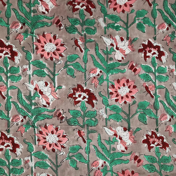 ( PRE-CUT 0.95 CM ) Pure Cotton Jaipuri Light Brown With Green With Red And Peach Flower Creeper Hand Block Print Fabric