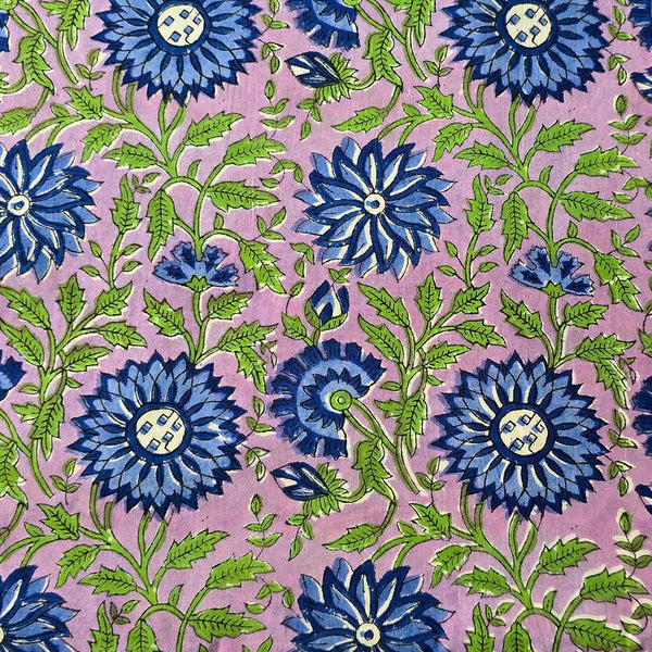 ( PRE-CUT 0.95 CM ) Pure Cotton Jaipuri Purple With Dark Blue And Green Sunflower Jaal Hand Block Print Fabric