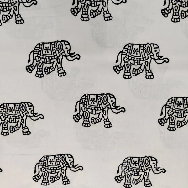 ( PRE-CUT 0.95 CM ) Pure Cotton White With Black Elephant Hand Block Print Fabric