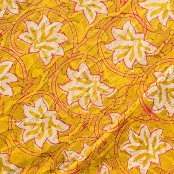 ( PRE-CUT 1.10 METER ) Pure Cotton Doby Dabu Mustard With Pink And White Flower Jaal Hand Block Print Fabric