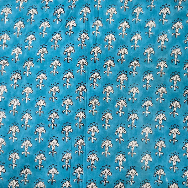 ( PRE-CUT 1.15 METER ) Pure Cotton Jaipuri Blue With White Tiny Flower Motif Hand Block Print Fabric