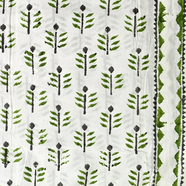 ( PRE-CUT 1.15 METER ) Pure Cotton White With Green Arrow Motifs With Border Hand Block Print Fabric