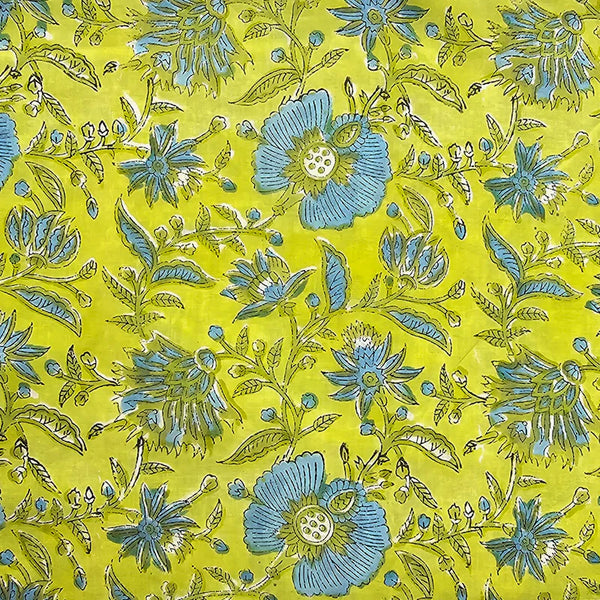 ( PRE-CUT 1.20 CM ) Pure Cotton Jaipuri Light Green With Blue Wild Jungle Flower Jaal Hand Block Print Fabric