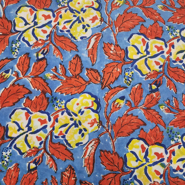 PRE-CUT 1.20 METER Pure Cotton Jaipuri Blue With Yellow And Orange Floral Wild Flowers Hand Block Print Fabric