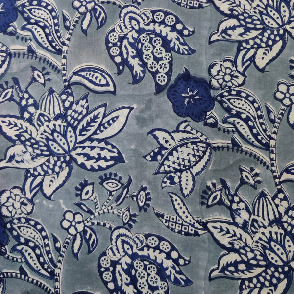 ( PRE-CUT 1.20 METER ) Pure Cotton Jaipuri Grey With Blue Wild Flower Jaal Hand Block Print Fabric