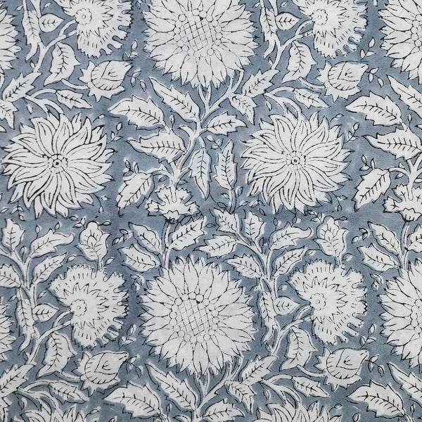 ( PRE-CUT 1.25 METER ) Pure Cotton Jaipuri Grey With Big Wild Flower White Jaal Hand Block Print Fabric