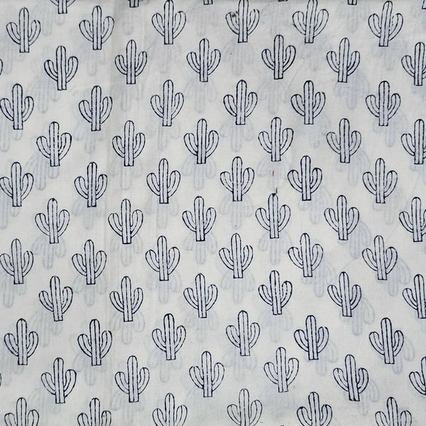 ( PRE-CUT 1.30 METERV ) Pure Cotton Jaipuri White With Cactus Hand Block Print Fabric