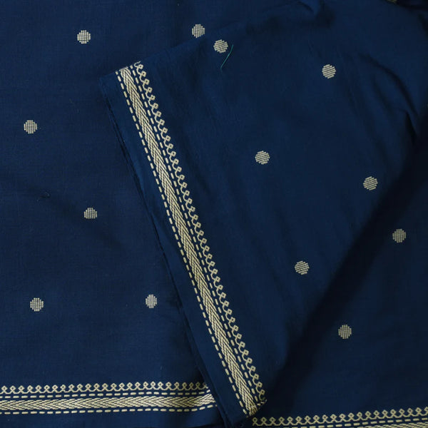 ( PRE-CUT 1.30 METER ) Pure Cotton Handloom Dark Blue With Cream Polka Dots And Border Hand Woven Fabric