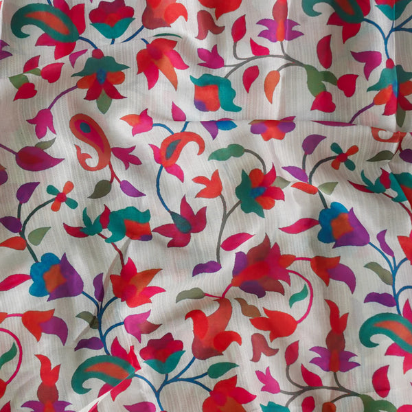 ( PRE-CUT 1.30 METER ) Satin Crepe White With Floral Lotus Jaal Printed Fabric