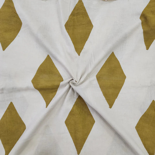 ( PRE-CUT 1.35 METER ) Pure Cotton Bagru Cream With Mustard Diamond  Motif Hand Block Print Fabric