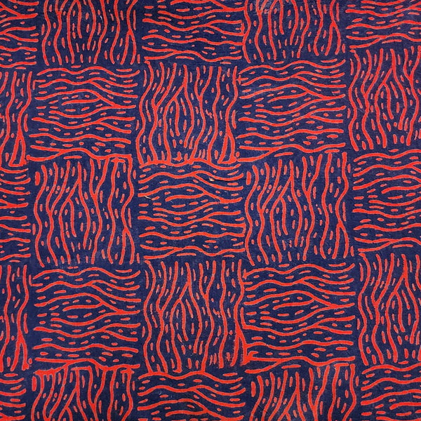 ( PRE-CUT 1.35 METER ) Pure Cotton Gamthi Navy Blue With Orange Intricate Design Hand Block Print Fabric