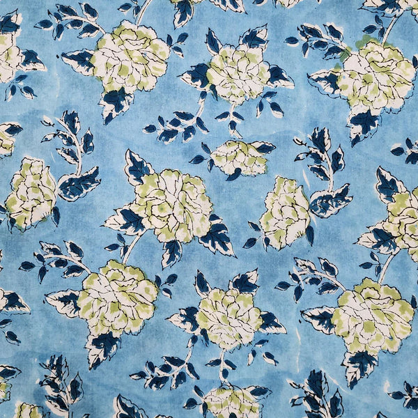 ( PRE-CUT 1.35 METER ) Pure Cotton Jaipuri Light Blue With White Rose  Flower Jaal Hand Block Print Fabric