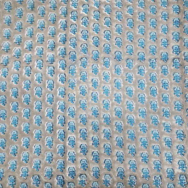 ( PRE-CUT 1.35 METER ) Pure Cotton Jaipuri Pastel Grey With Light Blue Small Flower Motifs Hand Block Print Fabric