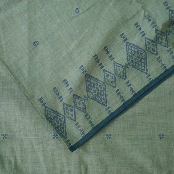 ( PRE - CUT 1.35 METER ) Pure Cotton Jamdani Mint Green With Blue Polka Dots And Border Hand Woven Fabric