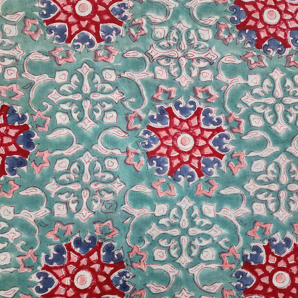 PRE-CUT 1.40 METER Pure Cotton Jaipuri Blue With Red Fountain Design Hand Block Print Fabric