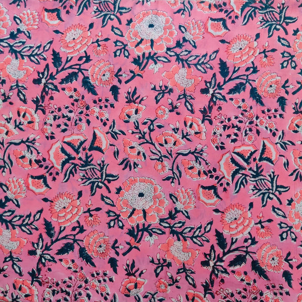 PRE-CUT 1.40 METER Pure Cotton Jaipuri  Pink Wth Pink Simple Floral Jaal Hand Block Print Fabric