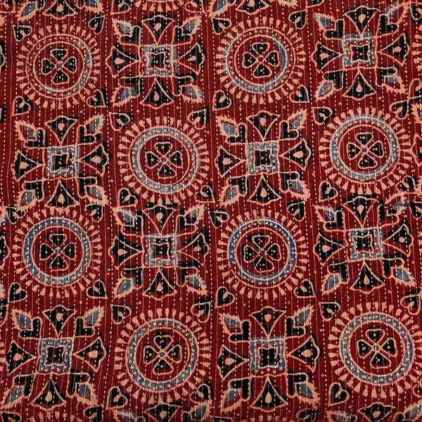 PRE-CUT 1.40 METER Pure Cotton Kaatha Ajrak Rust Geometric Tribal Tiles Hand Block Print Fabric