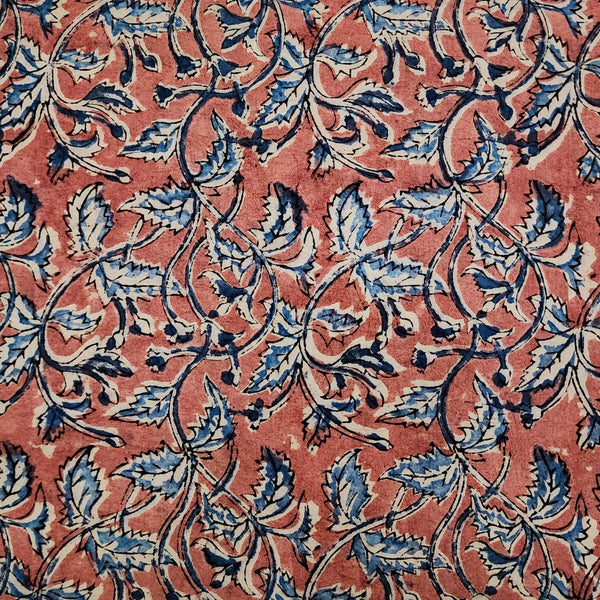 PRE-CUT 1.40 METER Pure Cotton Kalamkari Pink With Blue Flower Jaal Hand Block Print Fabric