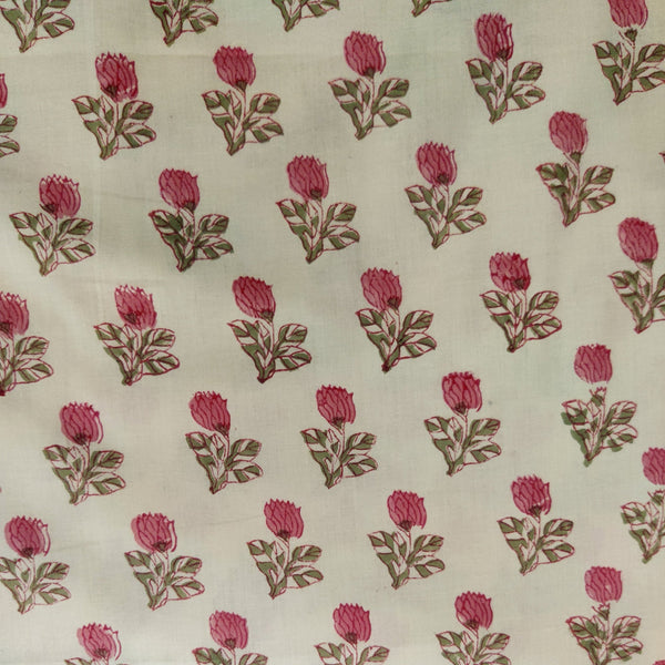 PRE-CUT 1.40 METERS Pure Cotton Jaipuri Cream With Tiny Pink Grey Motif Hand Block Print Fabric