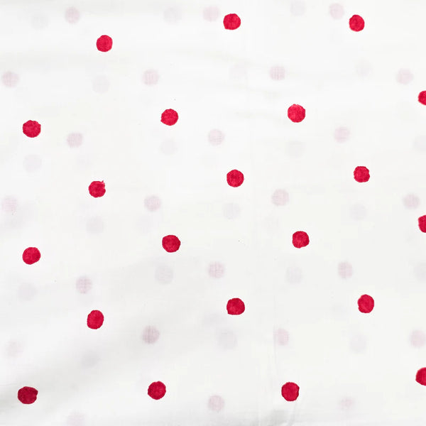 ( PRE-CUT 1.40 METER ) Pure Cotton Dabu Wihte With Red Polka Hand Block Print Fabric