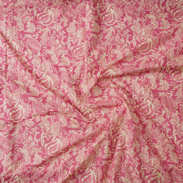 ( PRE-CUT 1.40 METER ) Pure Cotton Hakoba Cream With Pink Flower Jaal Screent Print Fabric