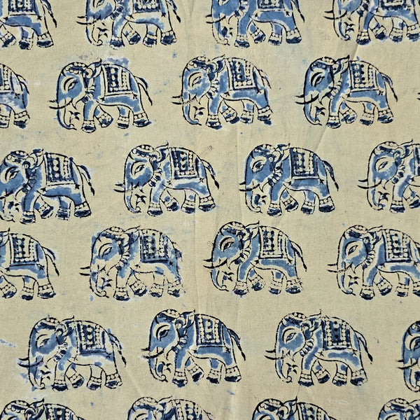 ( PRE-CUT 1.40 METER ) Pure Cotton Kalamkari Cream With Blue Elephant Motif Hand Block Print Fabric