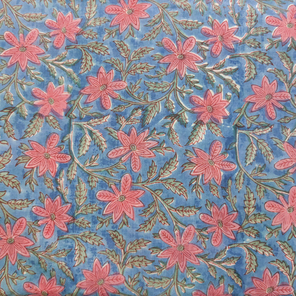 PRE-CUT 1.45 METER Pure Cotton Jaipuri Blue With Peach Pink Floral Jaal Hand Block Print Fabric