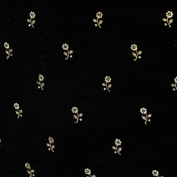 PRE-CUT 1.5 METER Black Royal Velvet With Zari Flower Embroidered Motifs