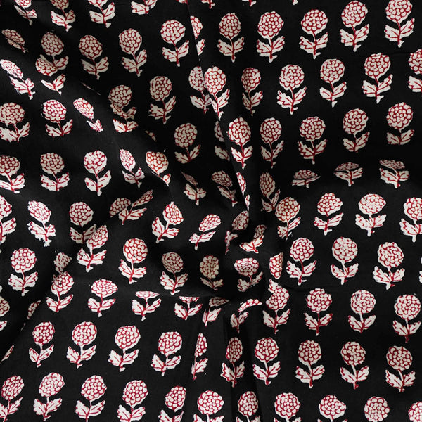 PRE-CUT 1.5 METER Modal Cotton Dabu Black With Maroon Small Floral Motifs Hand Block Print Fabric