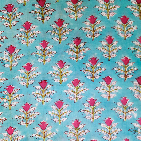 PRE-CUT 1.5 METER Mul Pure Cotton Jaipuri Light Blue With Pink Flower Motifs Hand Block Print Fabric