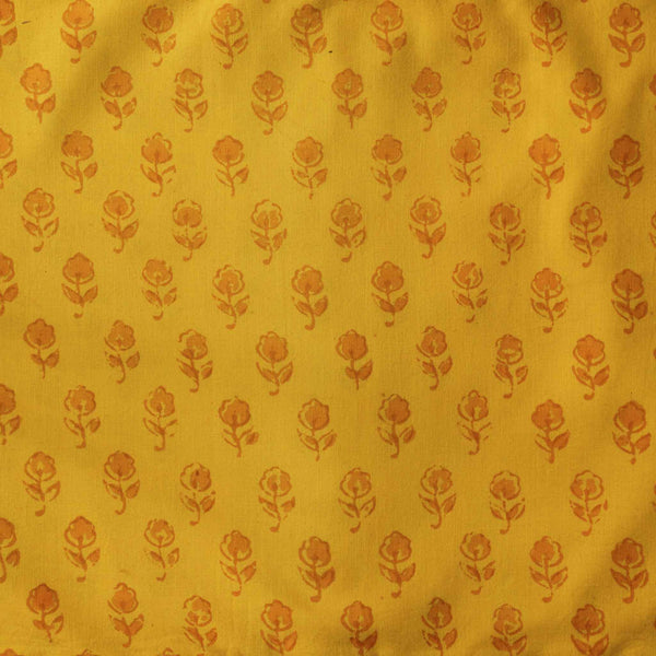 PRE-CUT 1.5 METER Pure Cotton Gamthi Yellow With Orange Small Flowers Hand Block Print Fabric-min