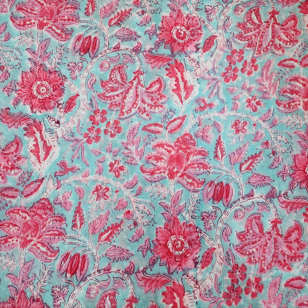 PRE-CUT 1.5 METER Pure Cotton Jaipuri Light Blue With Pink Flower Jaal Hand Block Print