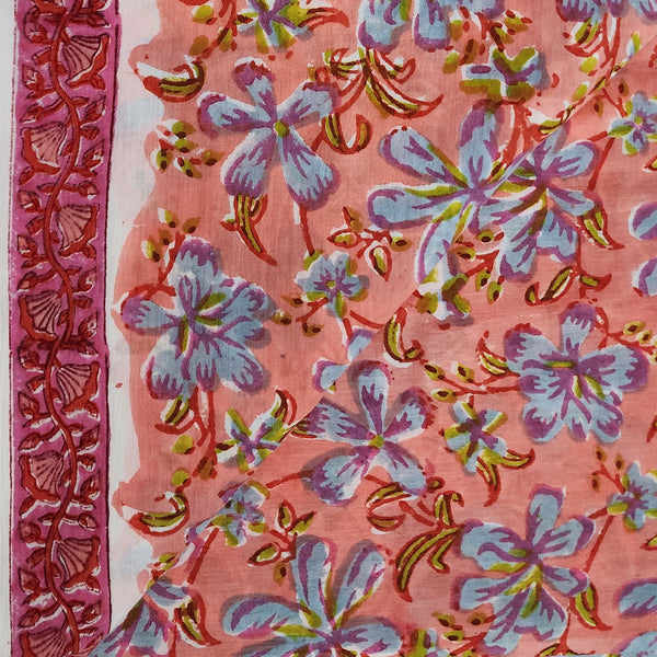 PRE-CUT 1.5 METER Pure Cotton Jaipuri Peach With Blue Purple Floral Jaal Hand Block Print Fabric