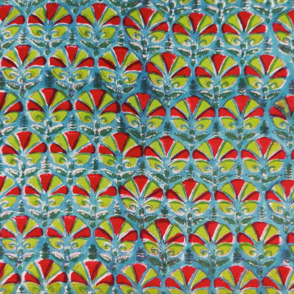 PRE-CUT 1.5 METER Pure Cotton Jaipuri Teal Blue With Red And Green Fountain Motifs Hand Block Print Fabric