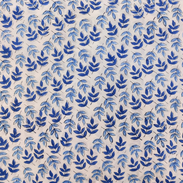 PRE-CUT 1.5 METER Pure Cotton Jaipuri White With Light Blue With Dark Blue Leafs Motif Hand Block Print Fabric